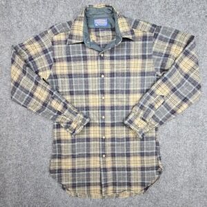 Vintage Pendleton Wool Shadow Plaid Shirt Mens S USA 100% Virgin Wool Blue Tan